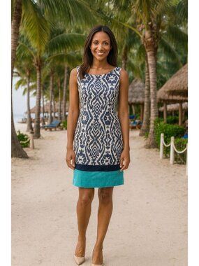 Anne Klein Ikat Sheath Dress Size 8 Blue White Sleeveless Lined Resort Chic Care